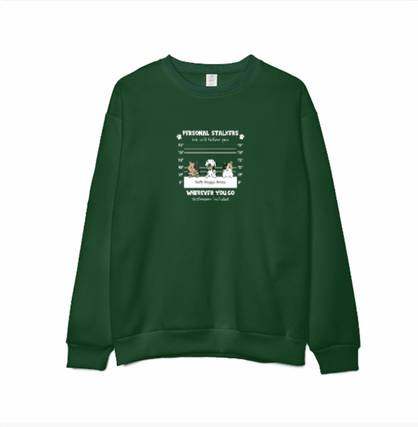 Custom Embroidered Personal Pet 'Stalkers' Unisex Sweatshirt – Pet Dogs & Cats Caricatures - Love Life Journey - in Forest Green 
