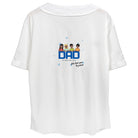 White custom embroidered baseball shirt with a graphic of a father and four children, labeled 'DAD', on a white background. Love life journey