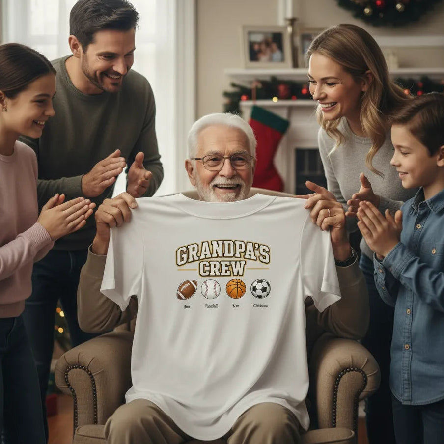Man sitting in a chair holding a 'Grandpa's Crew' embroidered custom baseball shirt gift with family around him in a festive living room.