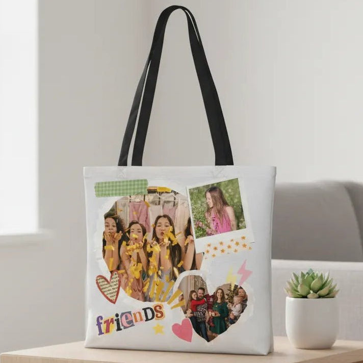 FRIENDS Personalized Photo Lined Tote Bag – Upload 3 Best Friend Photos - Love Life Journey