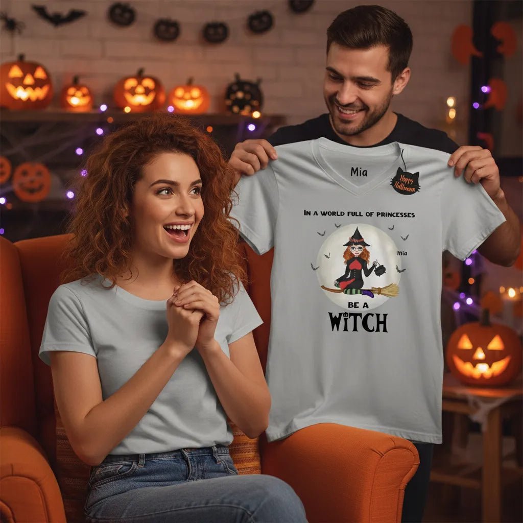 In a World Full of Princesses, Be a Witch Personalized V - Neck T-Shirt | Custom Halloween Witch Portrait Shirt - Love Life Journey - Christmas Gifting Scene - T-shirt in Athletic Heather Colour