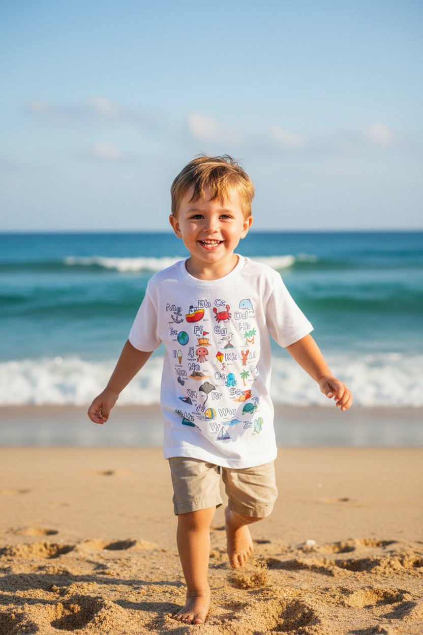 KID'S T - SHIRT - Alphabet Beach Theme | Traceable A–Z Learning Letters Tee with Seaside Icons | Gildan 5000B (US) - Love Life Journey