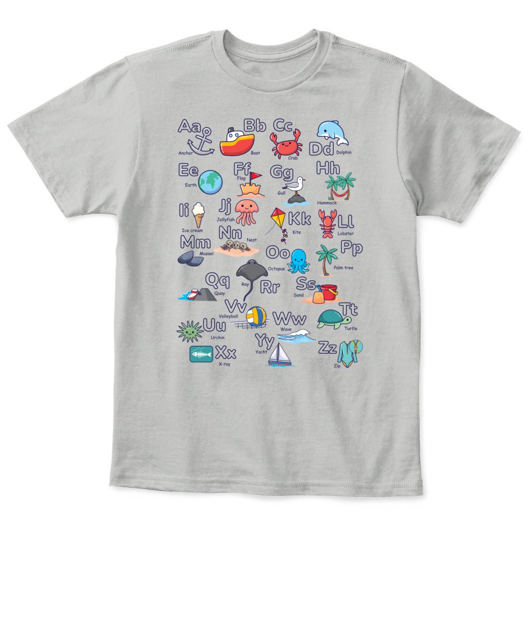 KID'S T - SHIRT - Alphabet Beach Theme | Traceable A–Z Learning Letters Tee with Seaside Icons | Gildan 5000B (US) - Love Life Journey