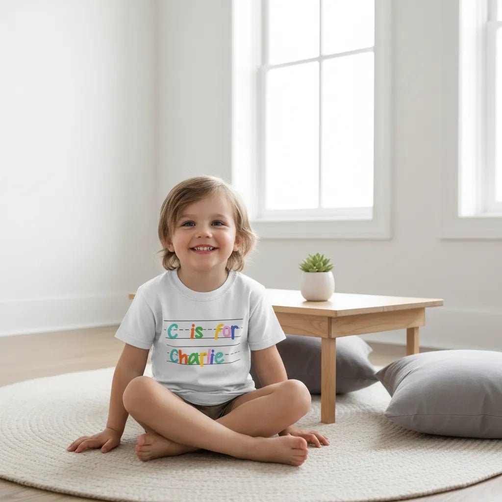 KIDS T - SHIRT Personalized Kids Alphabet T-Shirt – “C is for Charlie” | Custom Name Learning Tee | Gildan 5000B | Ages XS–XL | Ships Fast from USA - Love Life Journey