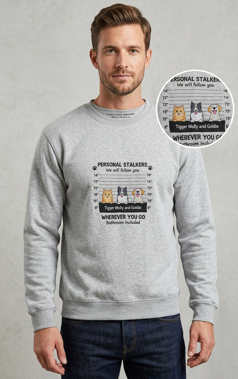 Custom Embroidered Personal Pet 'Stalkers' Unisex Sweatshirt – Pet Dogs & Cats Caricatures Man wearing a gray sweatshirt with inset to show embroidery detail, standing against a plain background.