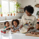Merry Christmas Personalized Family Sweatshirt | Custom Family Character Christmas Crewneck - Love Life Journey - Custom Gifts - Family Christmas Baking Scene Mom is wearing Custom Family Christmas Sweatshirt in Natural