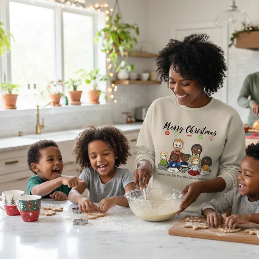 Merry Christmas Personalized Family Sweatshirt | Custom Family Character Christmas Crewneck - Love Life Journey - Custom Gifts - Family Christmas Baking Scene Mom is wearing Custom Family Christmas Sweatshirt in Natural