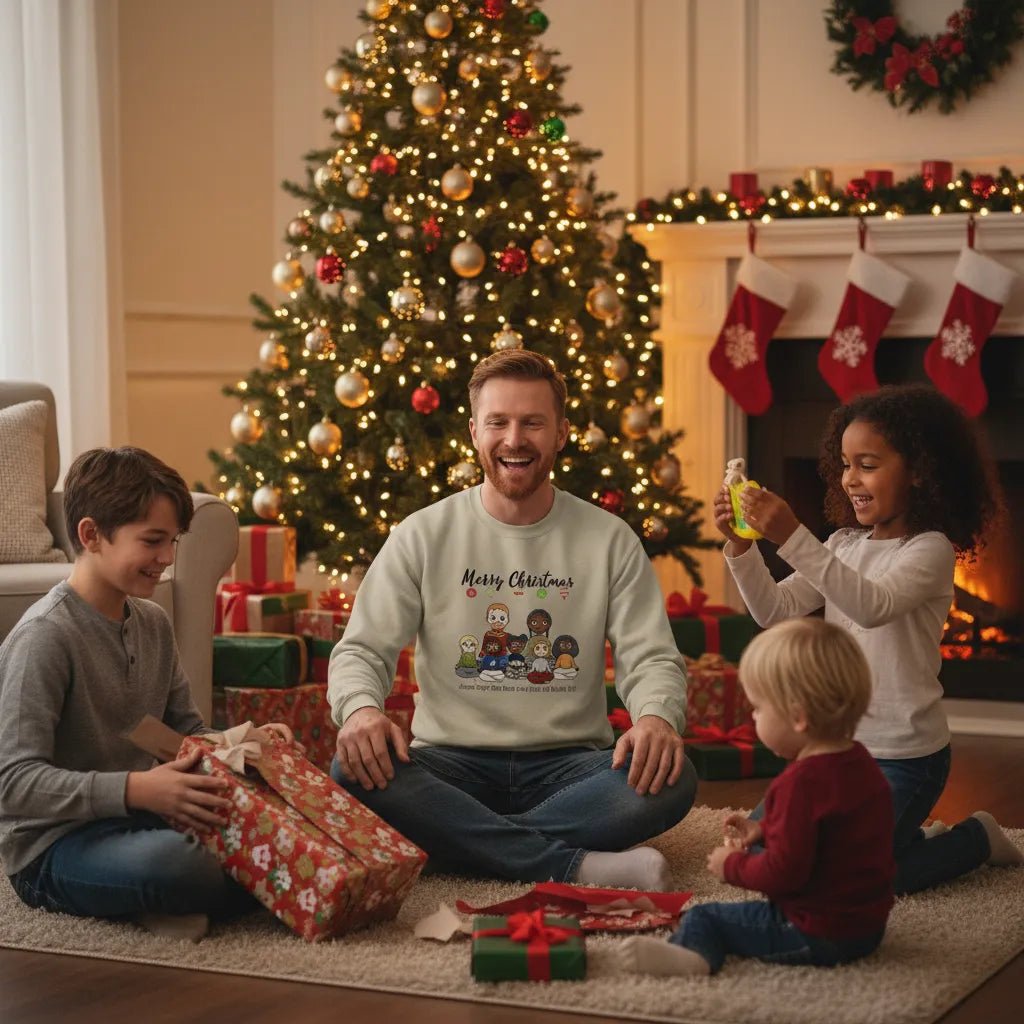 Merry Christmas Personalized Family Sweatshirt | Custom Family Character Christmas Crewneck - Love Life Journey - Christmas Gifting - Custom Gifts - Dad is wearing custom family Christmas Sweatshirt 