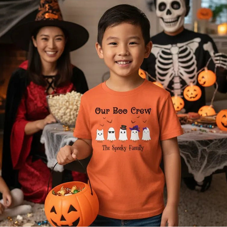Our Boo Crew Personalized Kids Halloween T-Shirt | Custom Family Ghost Shirt with Names - Love Life Journey - in orange - Happy Family Halloween Scene 