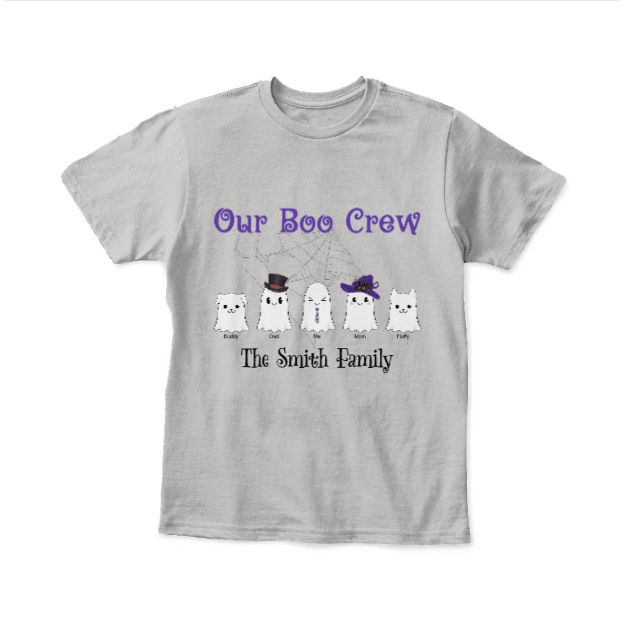 Our Boo Crew Personalized Kids Halloween T-Shirt | Custom Family Ghost Shirt with Names - Love Life Journey - In Grey Colour