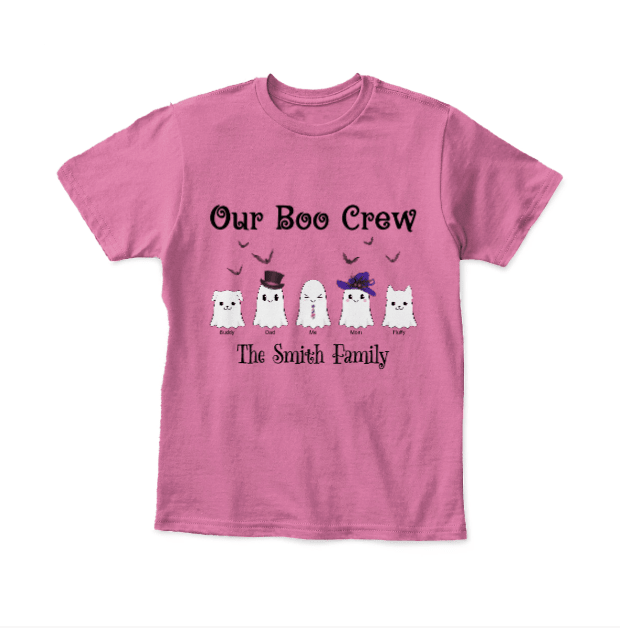 Our Boo Crew Personalized Kids Halloween T-Shirt | Custom Family Ghost Shirt with Names - Love Life Journey - in bright pink 