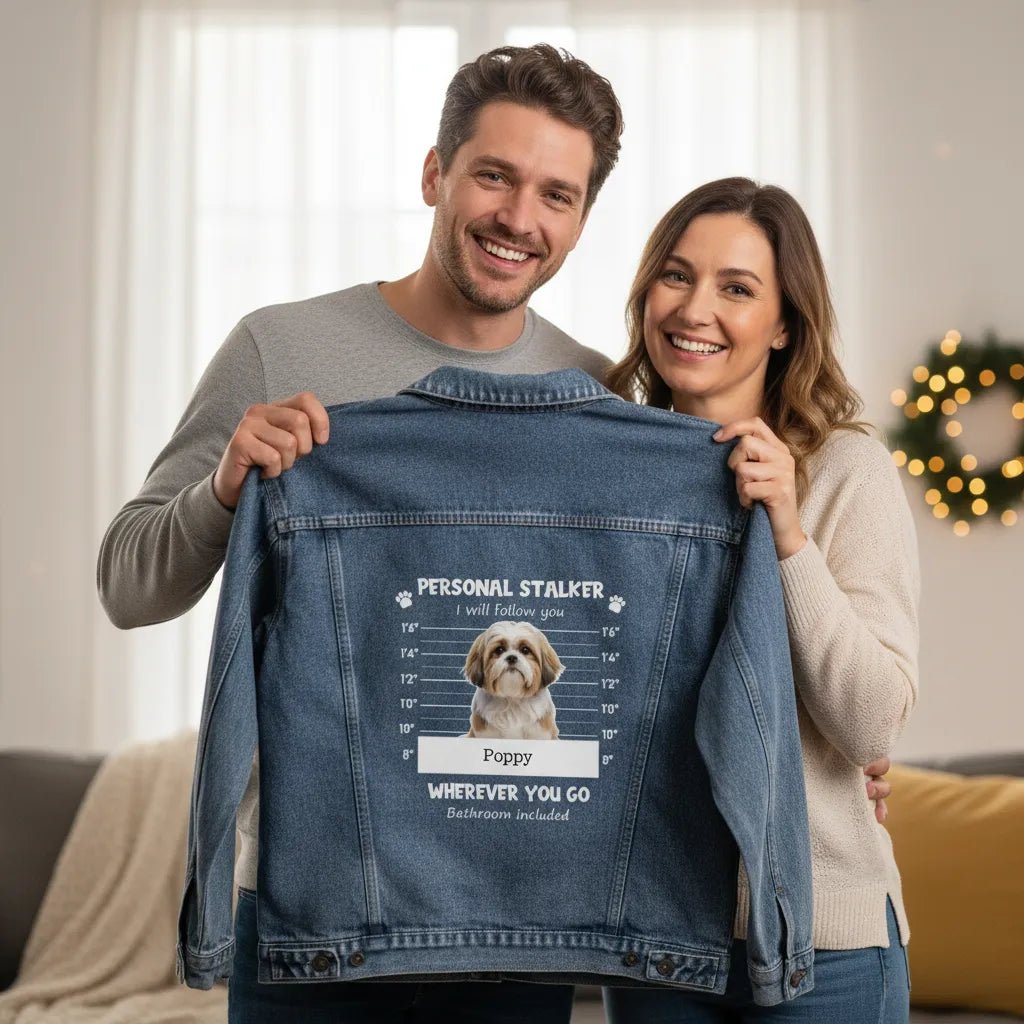 Personal Pet Stalker Denim Jacket – Custom Pet Photo Men’s DTG Jean Jacket | Personalized Dog & Cat Lover Gift - Love Life Journey