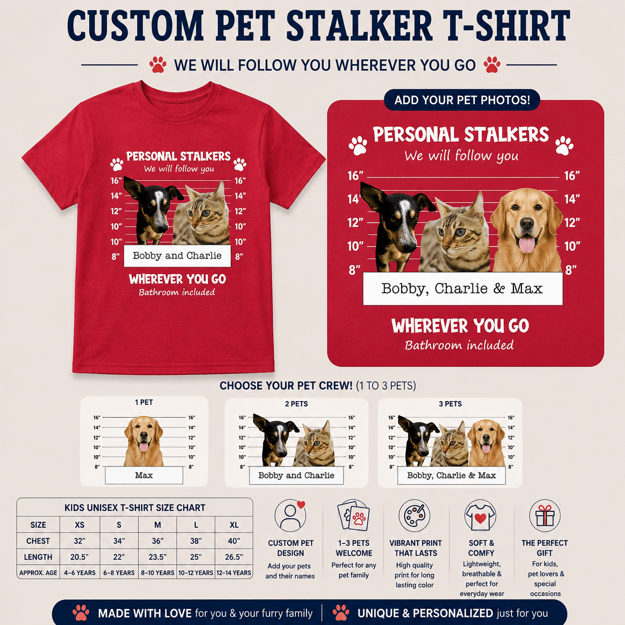 Personal Pet Stalker Kids Unisex T-Shirt Custom Pet Dogs or Cats Photos & Name Tee - Love Life Journey