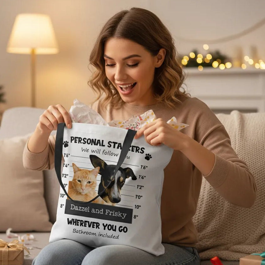 Personal Pet Stalkers Personalized Pet Photo Tote Bag - Love Life Journey - Custom Gifts - Can upload up to 3 pets cats or dogs 