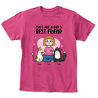 Personalized Cats Are A Girl's Best Friend kids T-shirt with custom girl character and up to 5 cats Pink t-shirt with cartoon design of a girl and two cats, text 'Cats are a girl's best friend'.