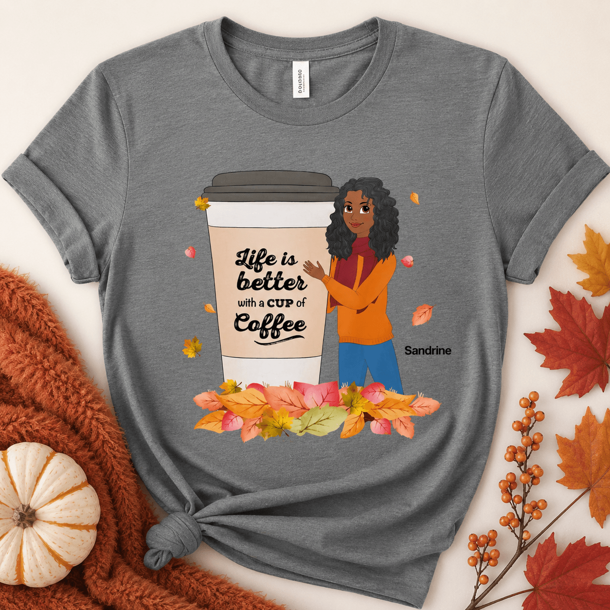 Personalized Coffee Lover Girl Adult Unisex T-Shirt Custom Female Character Tee - Love Life Journey