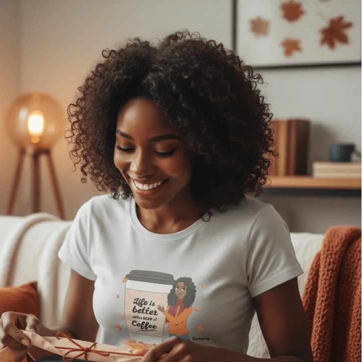 Personalized Coffee Lover Girl T-Shirt – Custom Female Character Coffee Tee | Cute Fall Coffee Shirt | Custom Name Gift - Love Life Journey