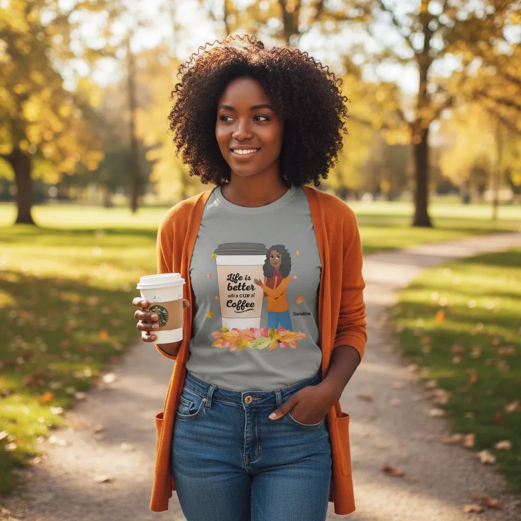 Personalized Coffee Lover Girl T-Shirt – Custom Female Character Coffee Tee | Cute Fall Coffee Shirt | Custom Name Gift - Love Life Journey