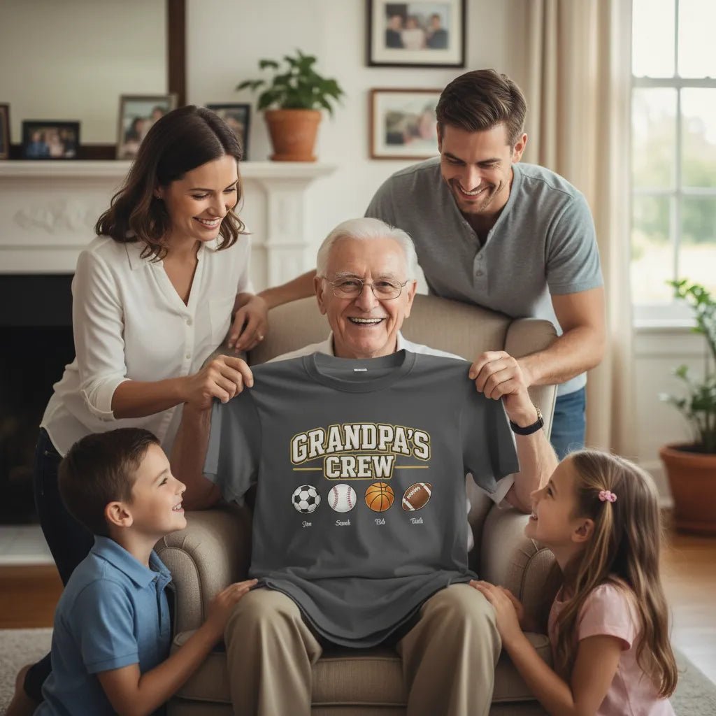 Personalized Grandpa’s Crew T-Shirt | Custom Grandchildren Sports Balls Shirt | Grandpa Gift - Love Life Journey