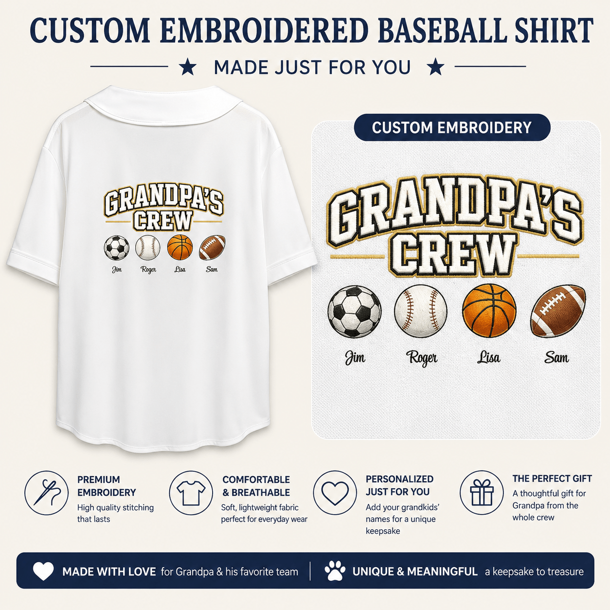 Personalized Grandpa's (or Grandma's) Team Embroidered Unisex Adult Baseball Jersey - Love Life Journey