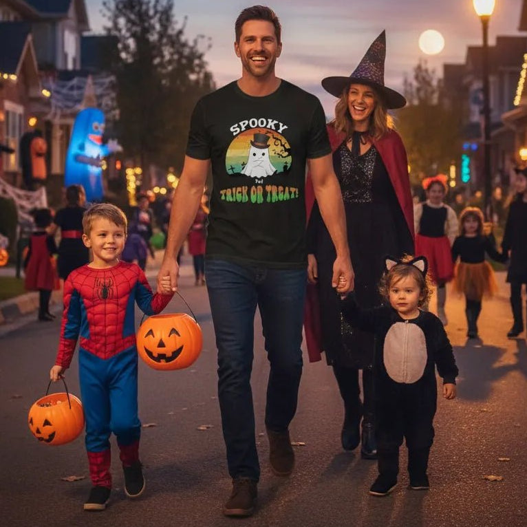Personalized Halloween Ghost T-Shirt | Custom Cartoon Ghost Portrait with Name & Halloween Message - Love Life Journey - Family outdoors halloween scene 