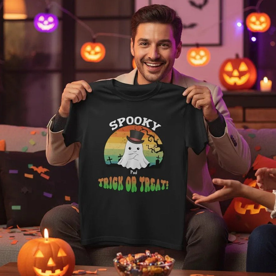 Personalized Halloween Ghost T-Shirt | Custom Cartoon Ghost Portrait with Name & Halloween Message - Love Life Journey - Black T-shirt - Happy Guy
