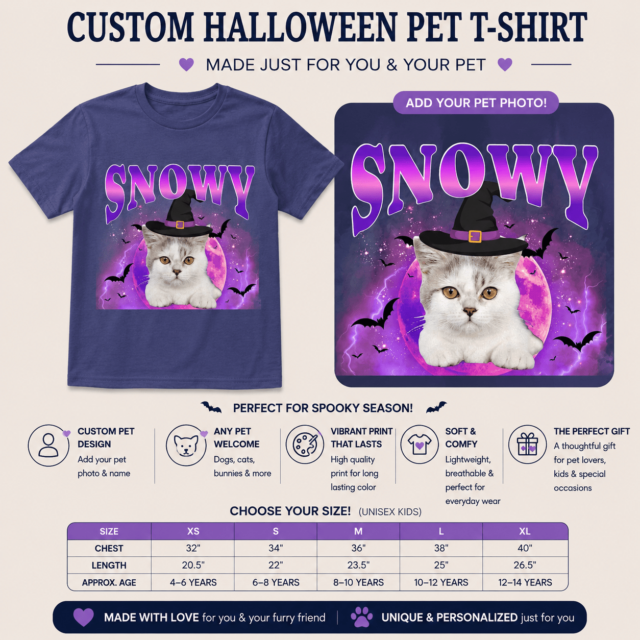 Personalized Halloween Pet Photo Kids Unisex T-Shirt Custom Dog or Cat Witch Hat Shirt with Name - Love Life Journey