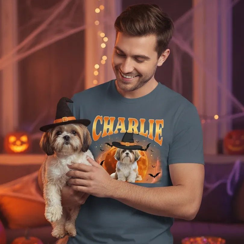Personalized Halloween Pet Photo Unisex Adult T-Shirt Custom Witch Hat Dog or Cat Shirt with Name - Love Life Journey