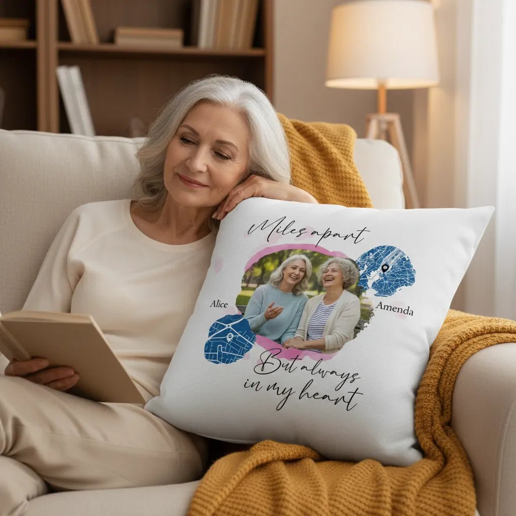 Personalized Long Distance Cushion Cover – “Miles Apart But Always In My Heart” | Custom Photo & Map Pillowcase Gift | Meaningful Keepsake - Love Life Journey