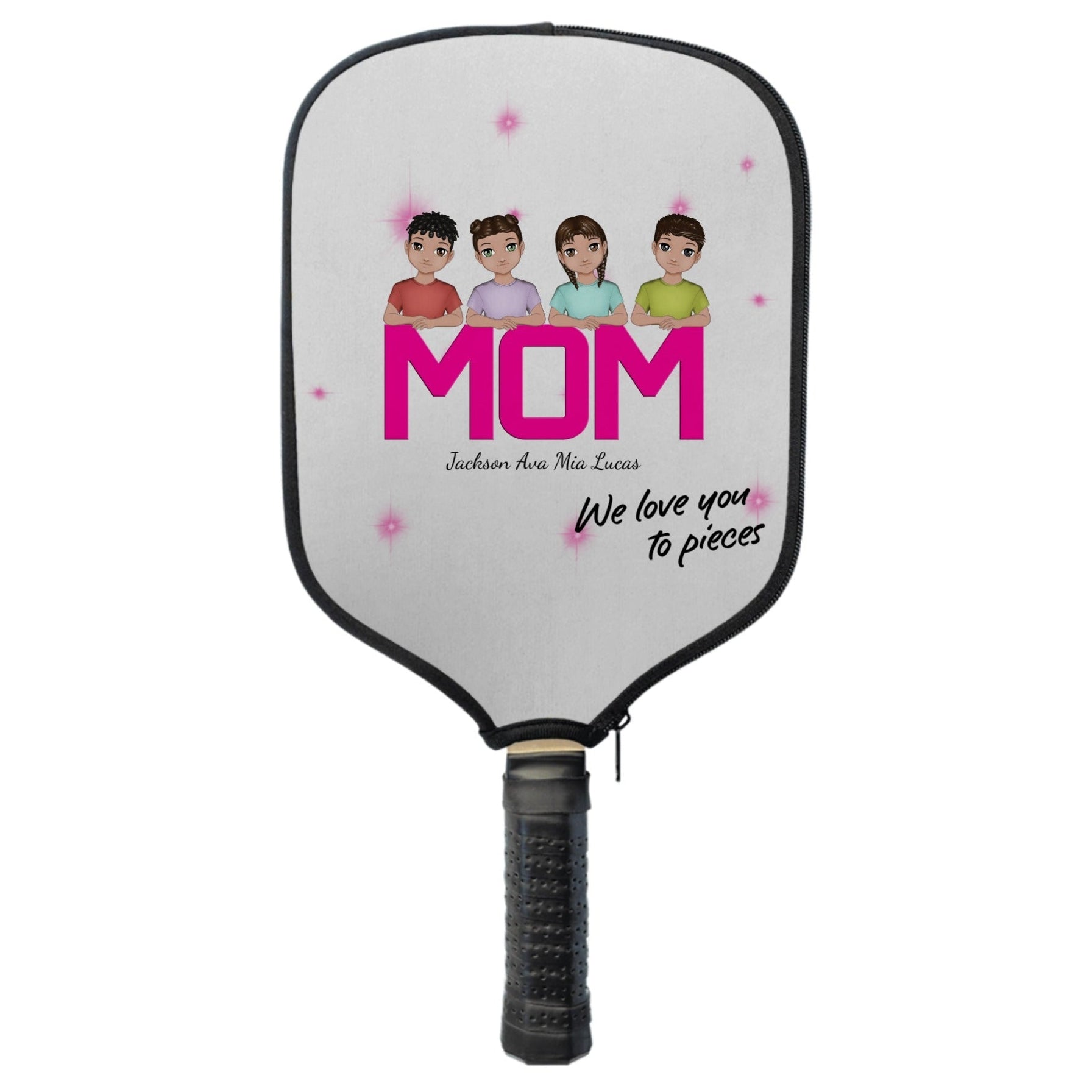 Personalized Mom We Love You To Pieces Pickleball Paddle Cover | Custom Kids & Names | Mother’s Day Gift - Love Life Journey - Custom Gifts - Customise with charicatures of up to 4 children + names 