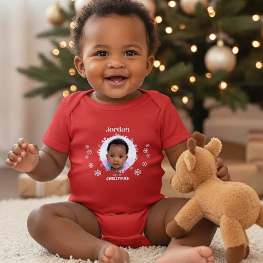 Personalized My 1st Christmas Baby Bodysuit Custom Baby Photo Christmas Onesie with Name - Love Life Journey