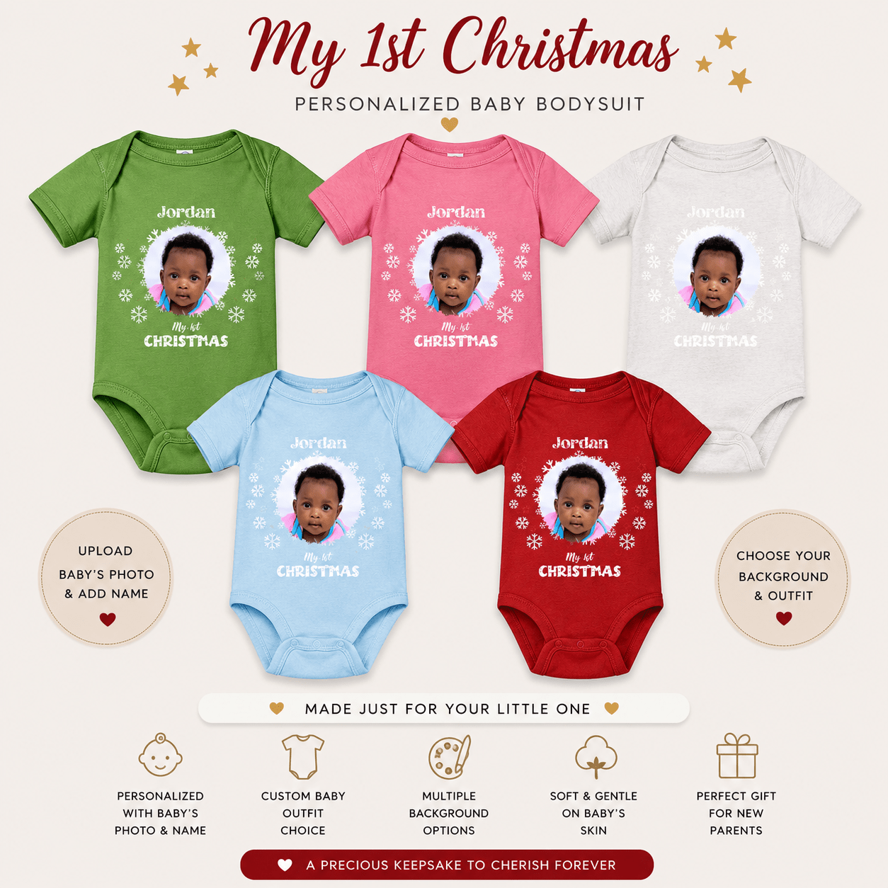 Personalized My 1st Christmas Baby Bodysuit Custom Baby Photo Christmas Onesie with Name - Love Life Journey