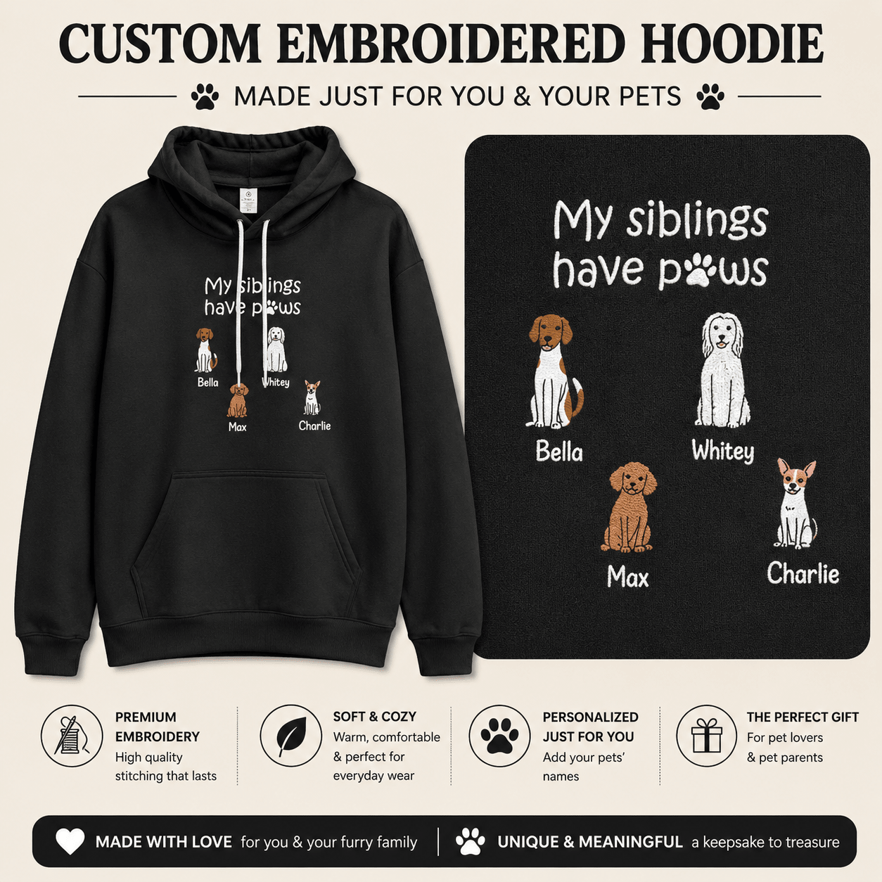 Personalized My Siblings Have Paws Embroidered Adult Unisex Hoodie Pet Dogs & Names - Love Life Journey