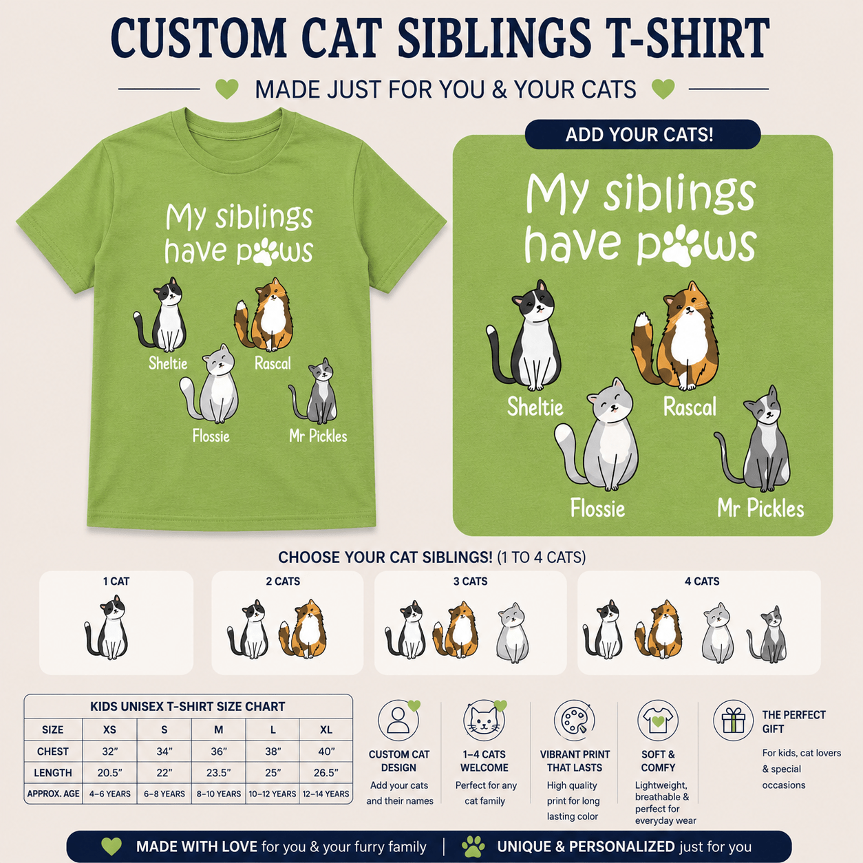 Personalized My Siblings Have Paws Kids Unisex T-Shirt Custom Cats and Names - Love Life Journey