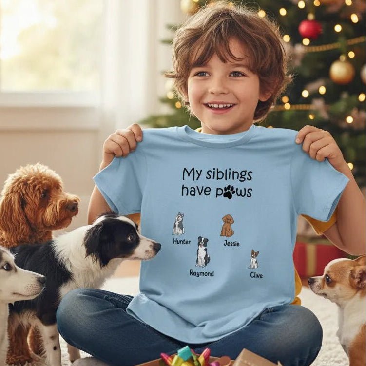 Personalized My Siblings Have Paws Kids Unisex T-Shirt | Custom Dogs and Names T-Shirt - Love Life Journey