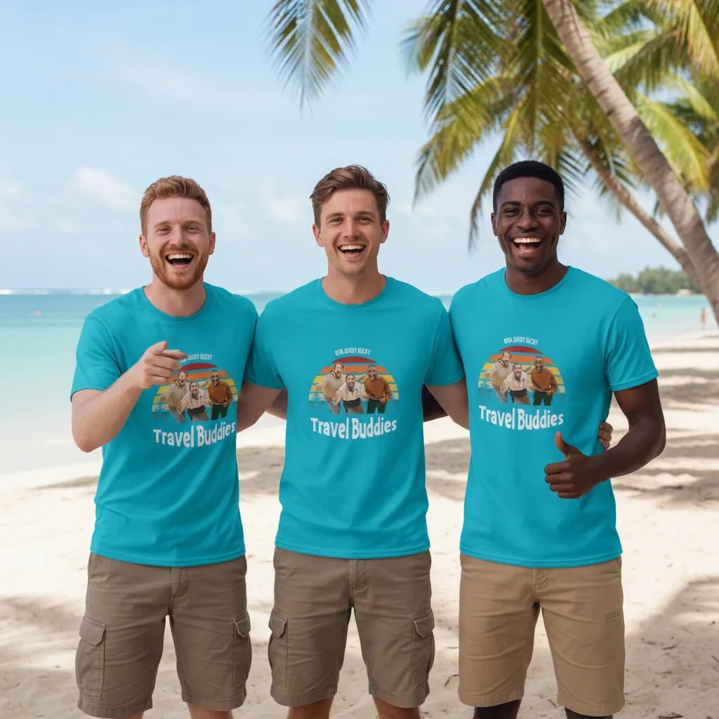 Personalized Photo Friends T-Shirt in Sapphire – Custom Names & Photo Tee | Travel Buddies Group Of Three Freinds On A Beach - Love Life Journey