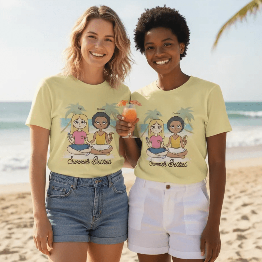 Personalized Summer Besties Adult Unisex T-Shirt Custom Best Friend Beach Shirt with Names - Love Life Journey