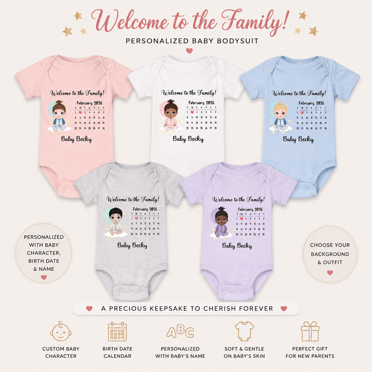 Personalized Welcome To The Family Baby Unisex Bodysuit Custom Caricature and Birth Date - Love Life Journey