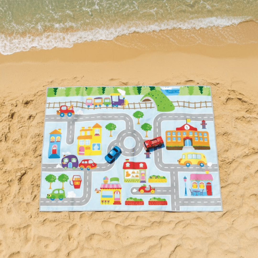 SAND - PROOF BEACH BLANKET Road Map – Kids Toy Car & Train Play Mat | Waterproof Family Beach & Picnic Blanket - Love Life Journey