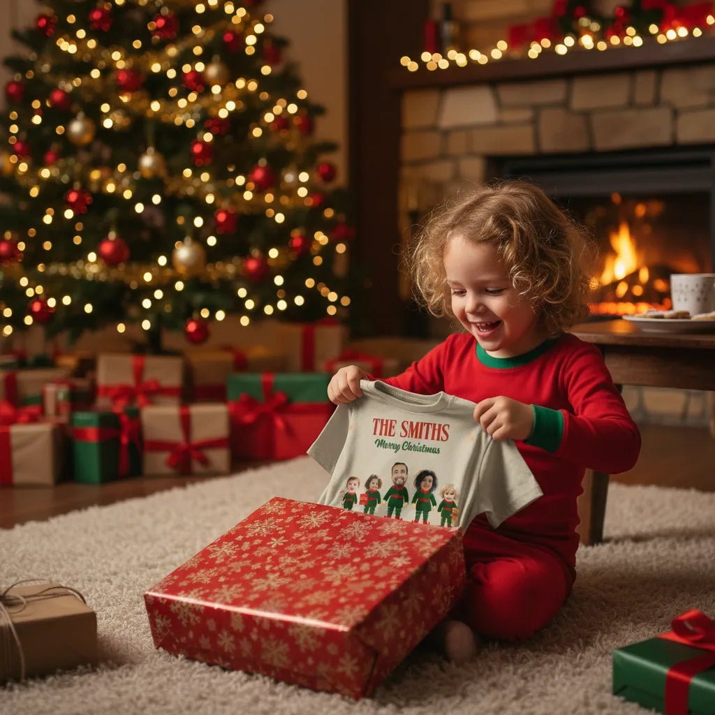 The Family Merry Christmas Personalized Kids T-Shirt | Custom Elf Family Photo Christmas Shirt - Love Life Journey - Custom Gifts - Happy Child Unwrapping Custom Gift T-shirt at Christmas