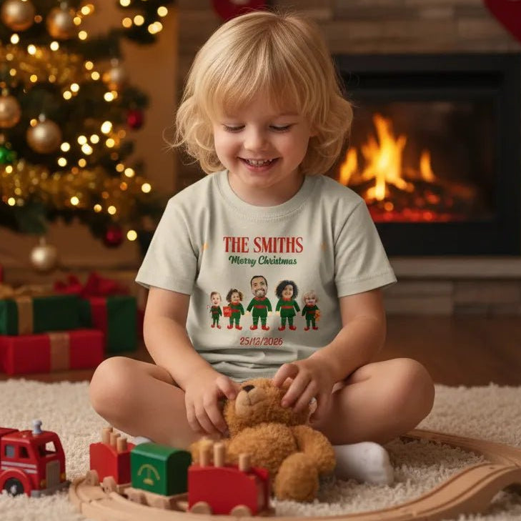 The Family Merry Christmas Personalized Kids T-Shirt | Custom Elf Family Photo Christmas Shirt - Love Life Journey - Custom Gifts - Boy on Christmas Day Wearing Custom Family Theme Christmas Custom Design 