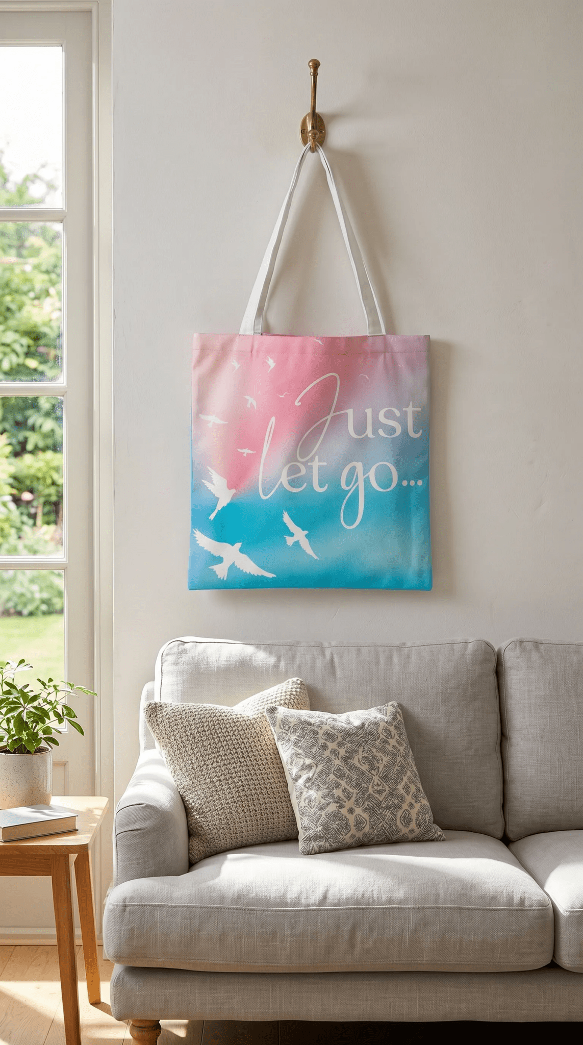 TOTE BAG Peaceful Doves “Just Let Go…” – Lined Durable Canvas | Soft Pink–Purple Sky Design (2 Sizes) - Love Life Journey