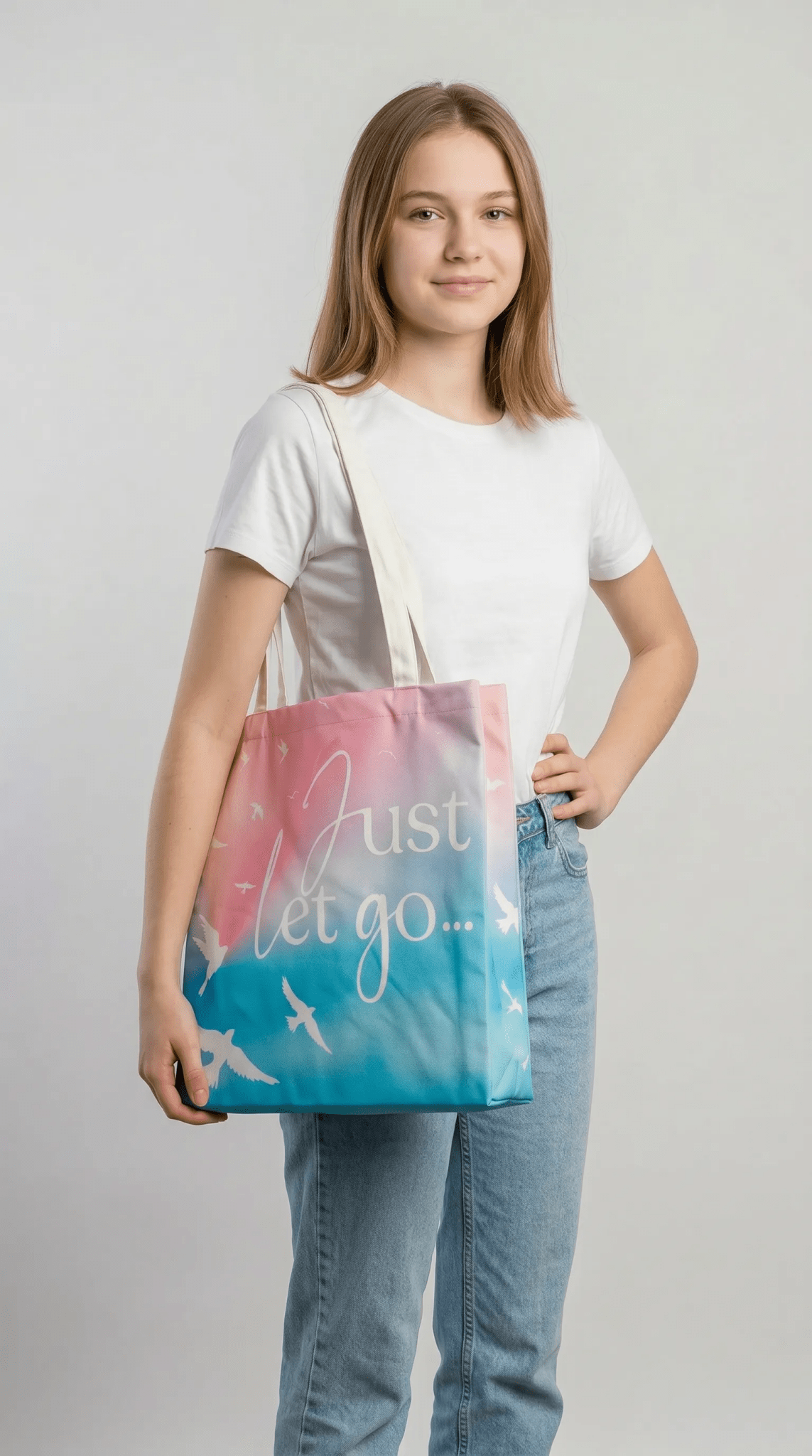 TOTE BAG Peaceful Doves “Just Let Go…” – Lined Durable Canvas | Soft Pink–Purple Sky Design (2 Sizes) - Love Life Journey