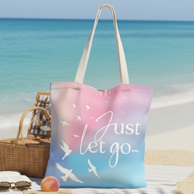 TOTE BAG Peaceful Doves “Just Let Go…” – Lined Durable Canvas | Soft Pink–Purple Sky Design (2 Sizes) - Love Life Journey