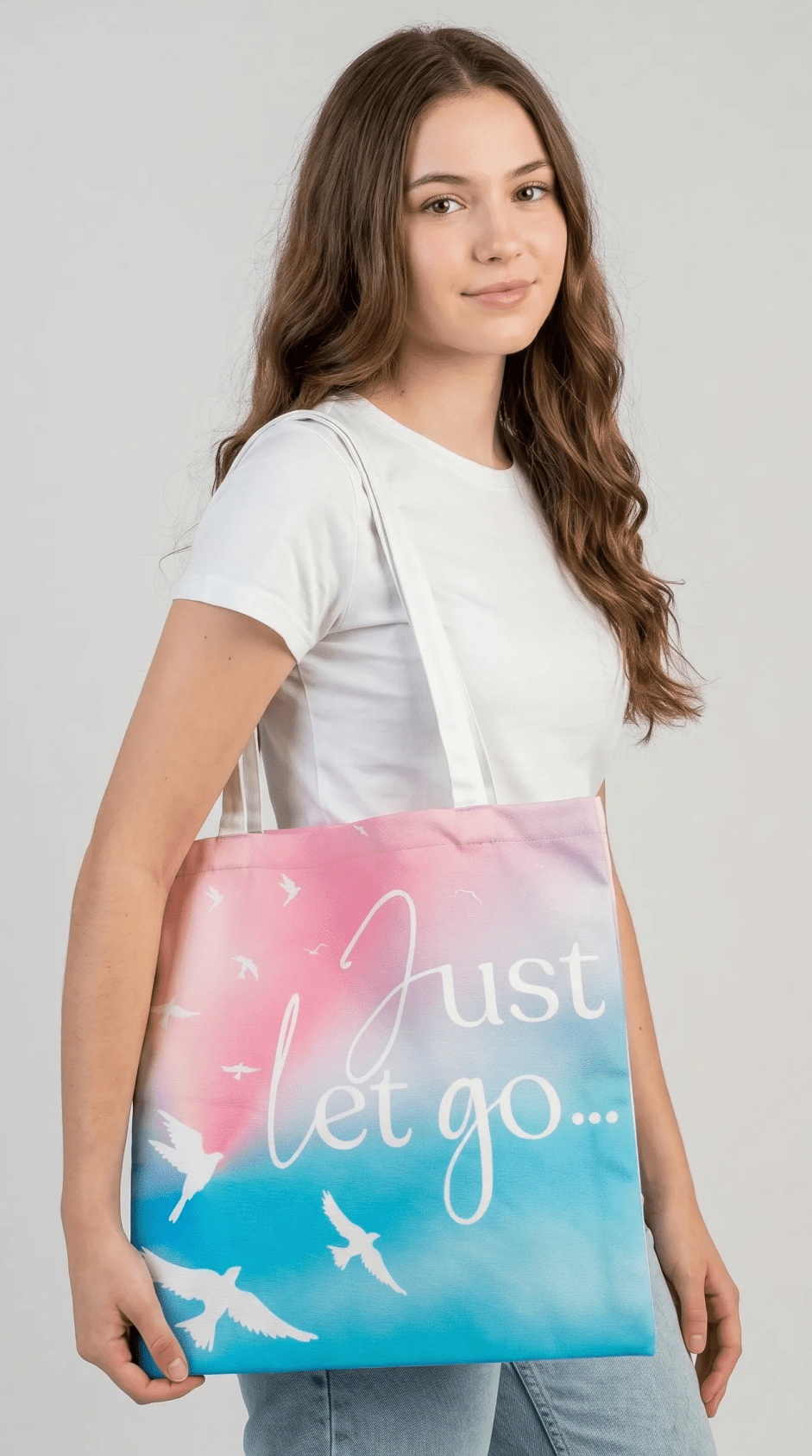 TOTE BAG Peaceful Doves “Just Let Go…” – Lined Durable Canvas | Soft Pink–Purple Sky Design (2 Sizes) - Love Life Journey