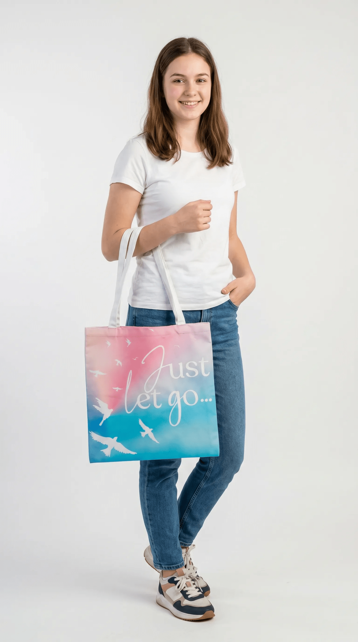 TOTE BAG Peaceful Doves “Just Let Go…” – Lined Durable Canvas | Soft Pink–Purple Sky Design (2 Sizes) - Love Life Journey