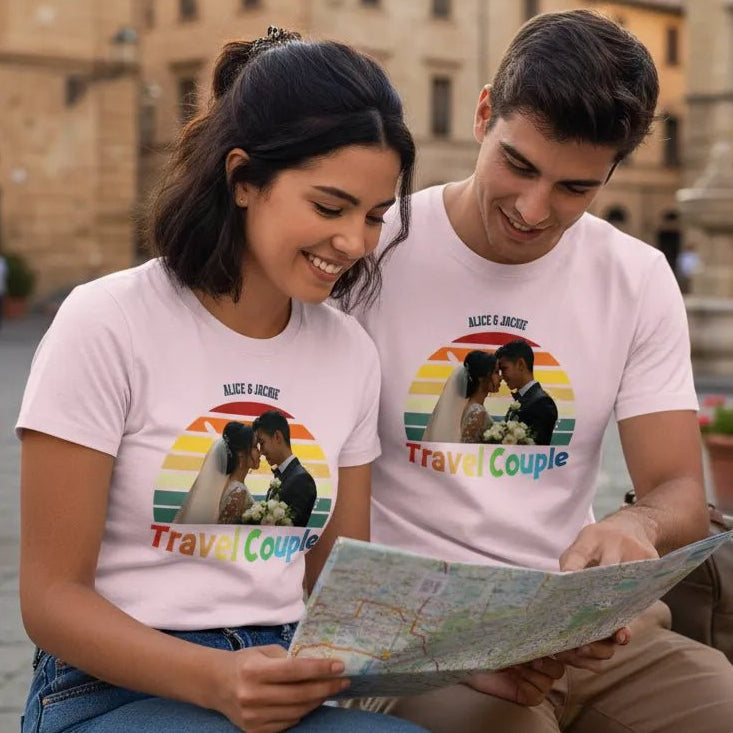 UNISEX T - SHIRT (USA) - Personalized Travel Family / Travel Couple – Custom Photo & Names - Love Life Journey