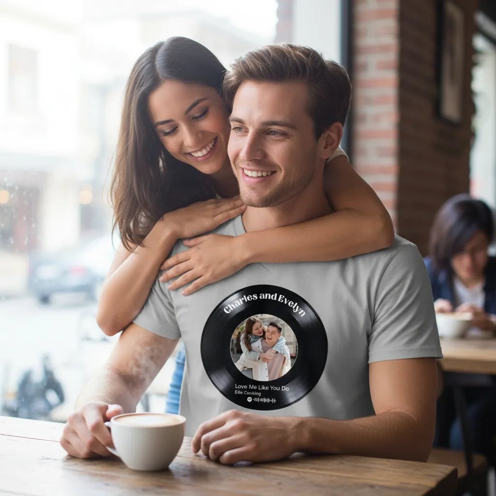UNISEX V - NECK T - SHIRT | Personalized Vinyl Record Photo T-Shirt | Your Song, Your Story (US) - Love Life Journey