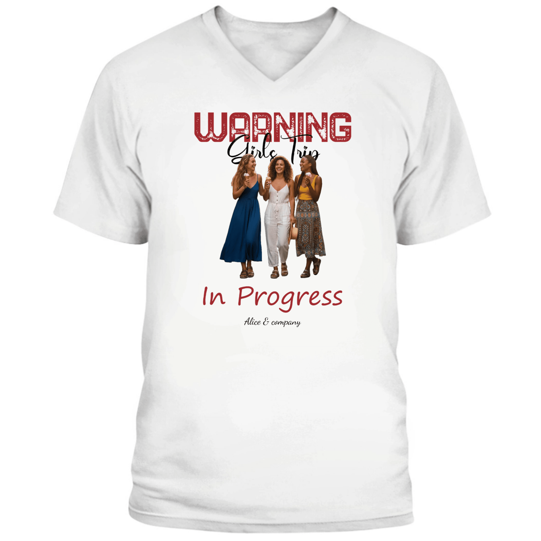 UNISEX V - NECK T - SHIRT (US) Personalized “Warning: Girls Trip in Progress” – Custom Group Photo - Love Life Journey