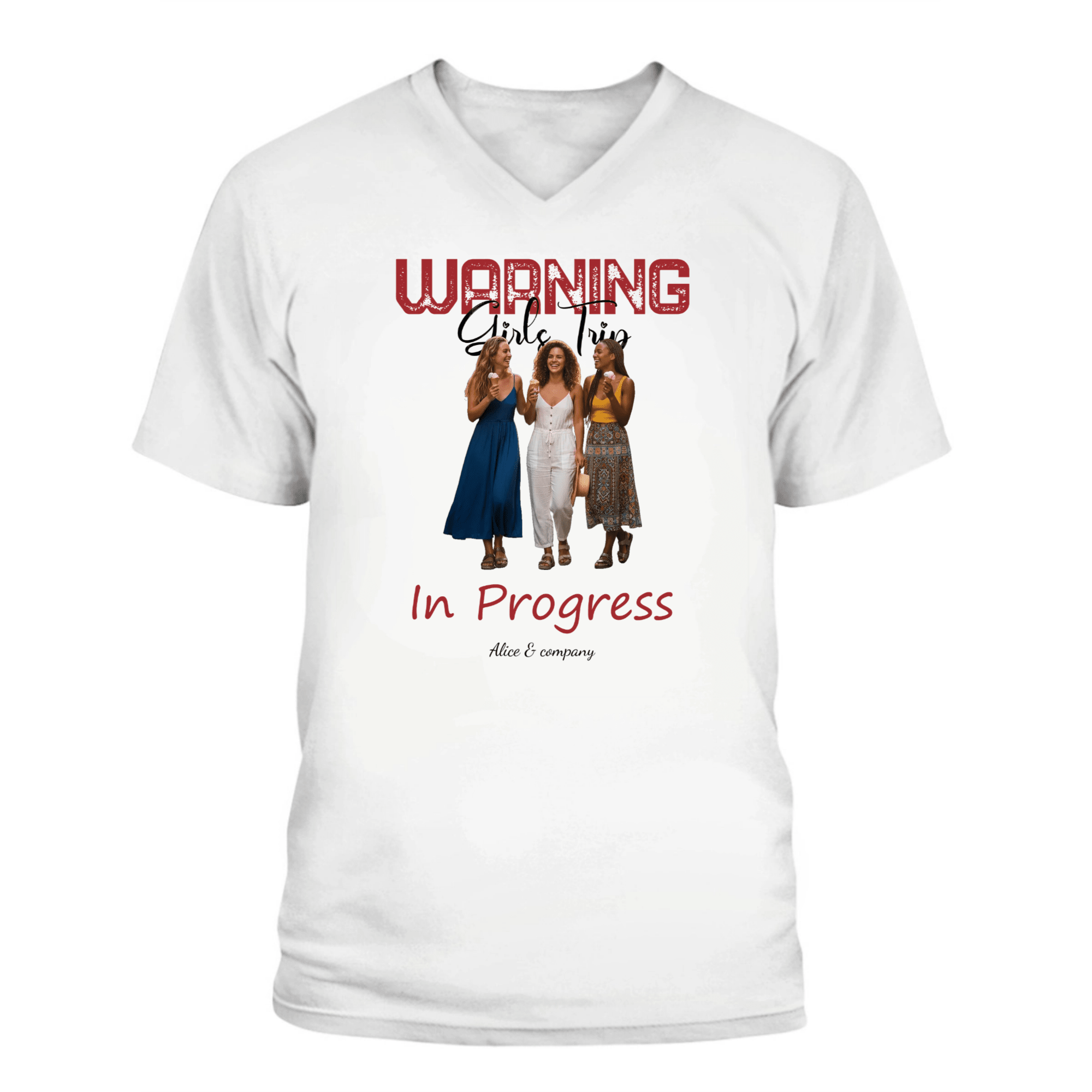 UNISEX V - NECK T - SHIRT (US) Personalized “Warning: Girls Trip in Progress” – Custom Group Photo - Love Life Journey